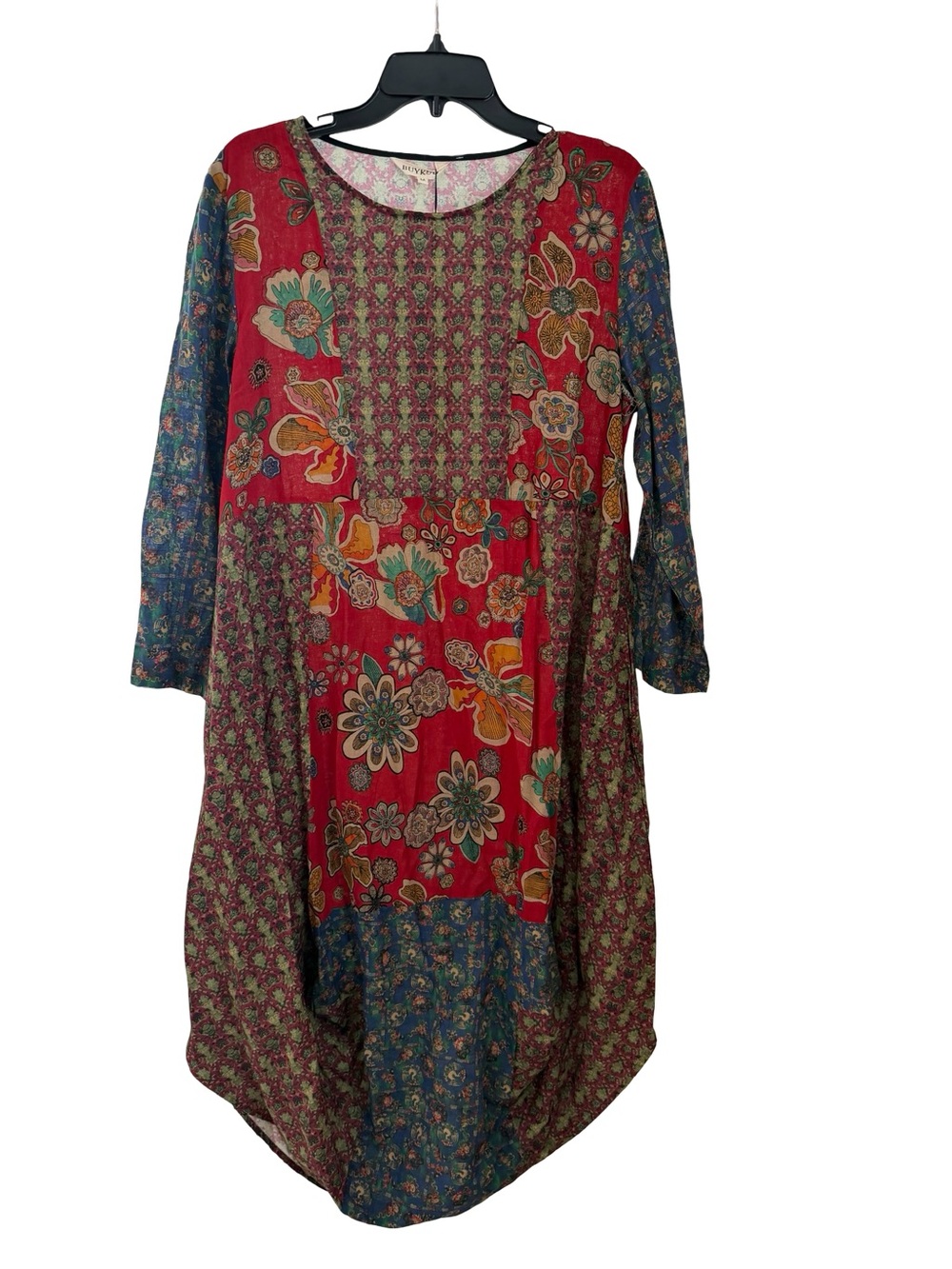 NWT Buykud  100% Linen Red Floral Patchwork Maxi Dress Vintage